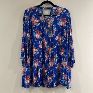 Umgee Blue Floral Bell Sleeve Flowy Tunic Mini Dress size Medium